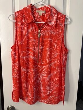 Michael Kors Orange and White Palm-Print Sleeveless Zip-Front Camisole